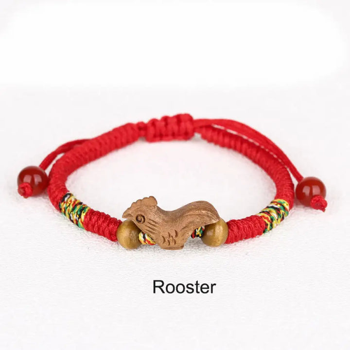 Buddha Stones Handmade Chinese Zodiac Red String Peach Wood Luck Bracelet - BWOOOH - Rooster / Red Rope(Wrist