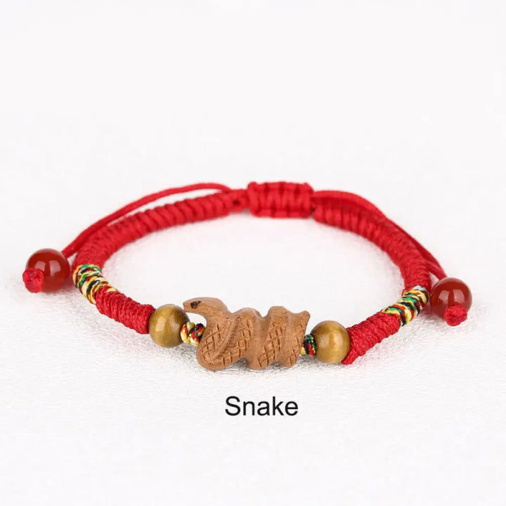 Buddha Stones Handmade Chinese Zodiac Red String Peach Wood Luck Bracelet - BWOOOH - Snake / Red Rope(Wrist