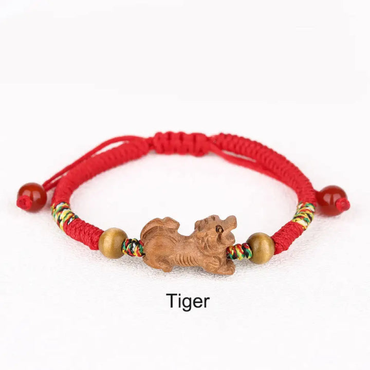Buddha Stones Handmade Chinese Zodiac Red String Peach Wood Luck Bracelet - BWOOOH - Tiger / Red Rope(Wrist