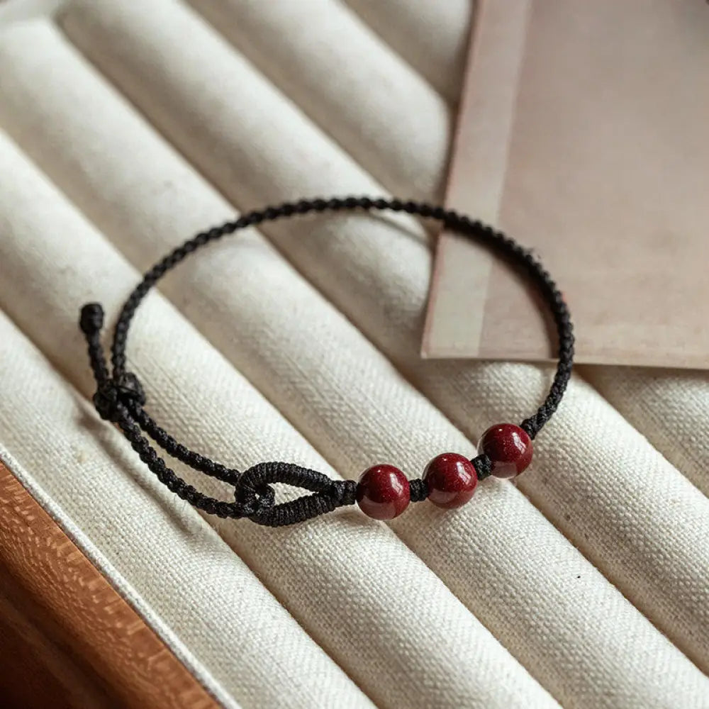 Buddha Stones Handmade Cinnabar Beads Calm Blessing Braided Rope Bracelet - Black Rope(Wrist Circumference 16-18cm)