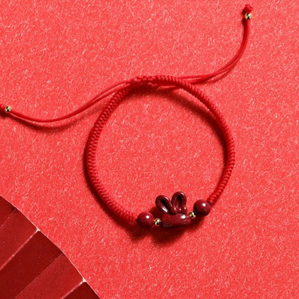 Buddha Stones Handmade Cinnabar Chinese Zodiac Rabbit Luck Red Rope Bracelet - BWOOOH - Red(Wrist Circumference