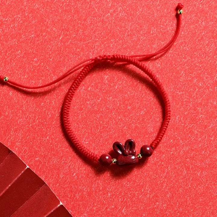 Buddha Stones Handmade Cinnabar Chinese Zodiac Rabbit Luck Red Rope Bracelet - BWOOOH - Red(Wrist Circumference