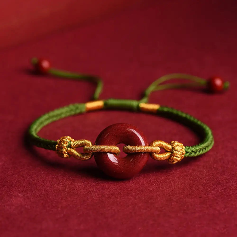 Buddha Stones Handmade Cinnabar Peace Buckle Blessing Braided Rope Bracelet - BWOOOH - Green Rope(Wrist Circumference