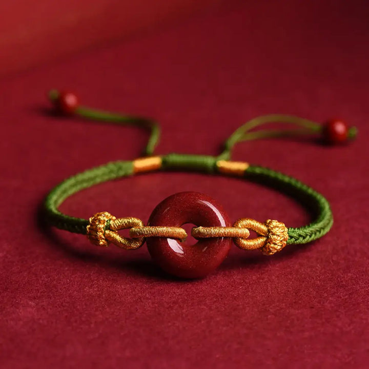Buddha Stones Handmade Cinnabar Peace Buckle Blessing Braided Rope Bracelet - BWOOOH - Green Rope(Wrist Circumference