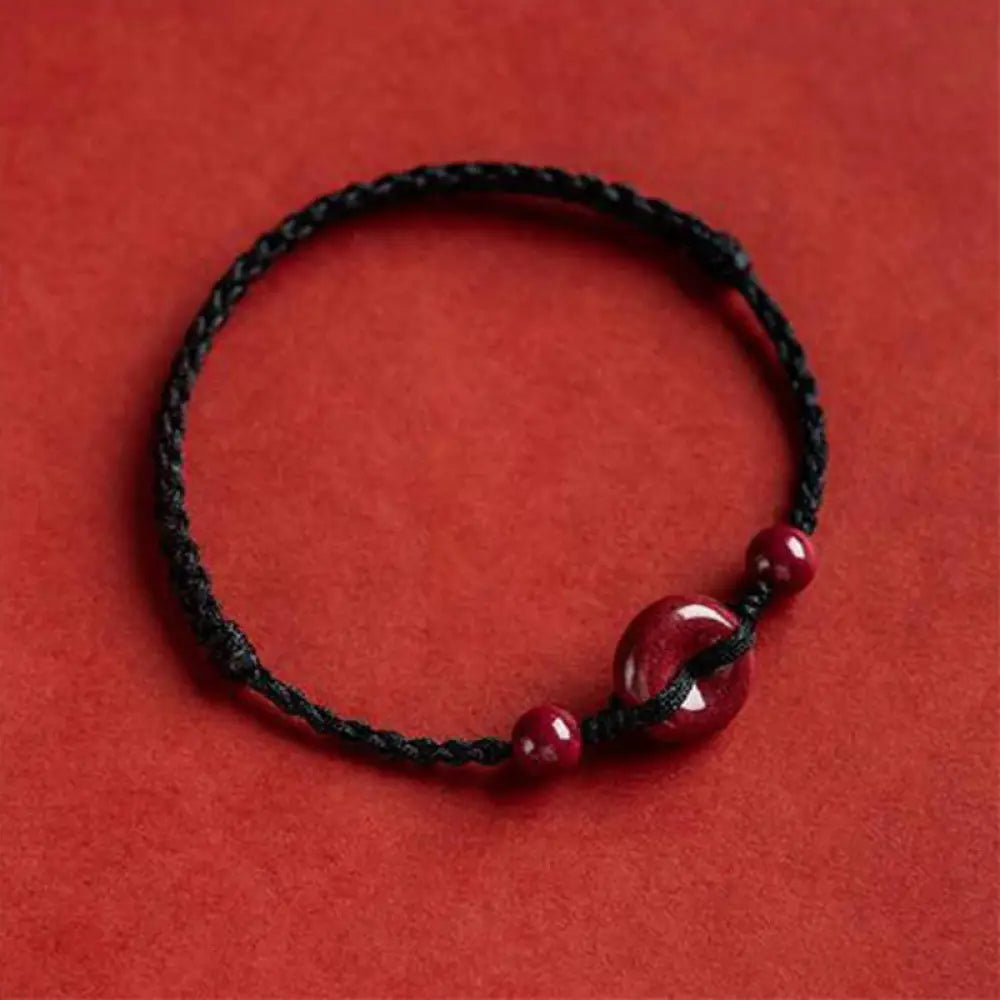 Buddha Stones Handmade Cinnabar Peace Buckle Safe and Healthy Charm Blessing String Bracelet Anklet - BWOOOH - Black
