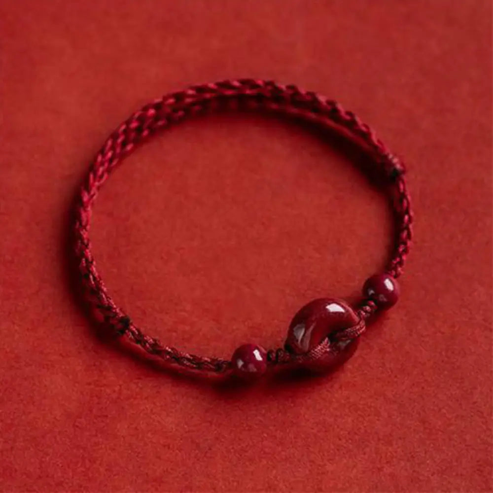 Buddha Stones Handmade Cinnabar Peace Buckle Safe and Healthy Charm Blessing String Bracelet Anklet - BWOOOH - Dark Red