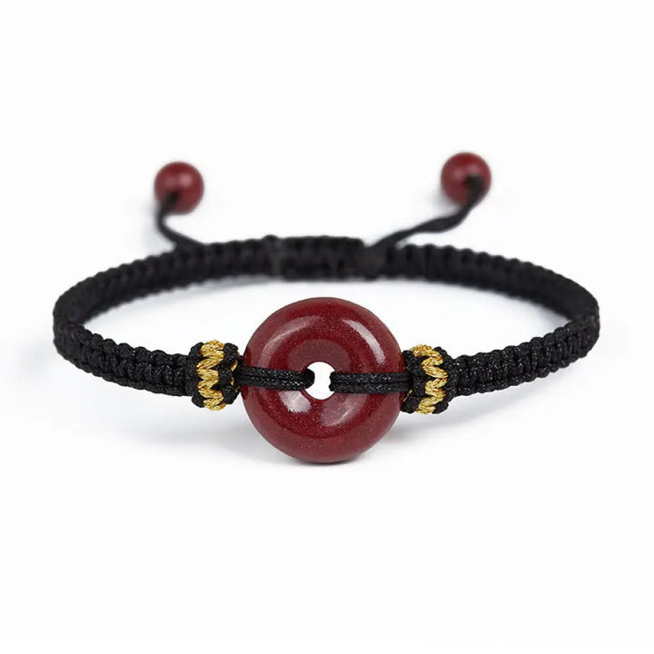 Buddha Stones Handmade Cinnabar Round Peace Buckle Concentration Braided Bracelet - BWOOOH - Black Rope(Wrist