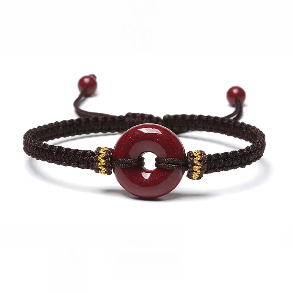Buddha Stones Handmade Cinnabar Round Peace Buckle Concentration Braided Bracelet - BWOOOH - Brown Rope(Wrist