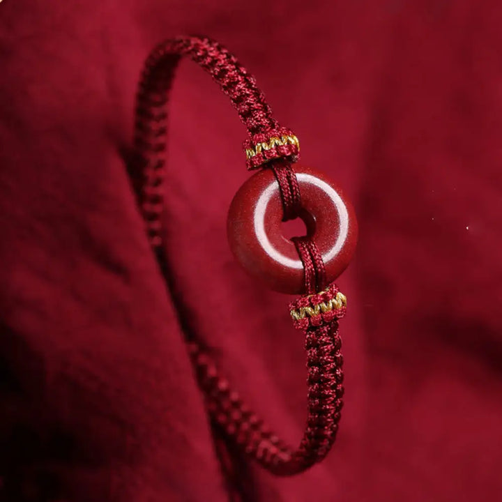 BWOOOH Handmade Cinnabar Round Peace Buckle Concentration Braided Bracelet - BWOOOH - Dark Red Rope(Wrist