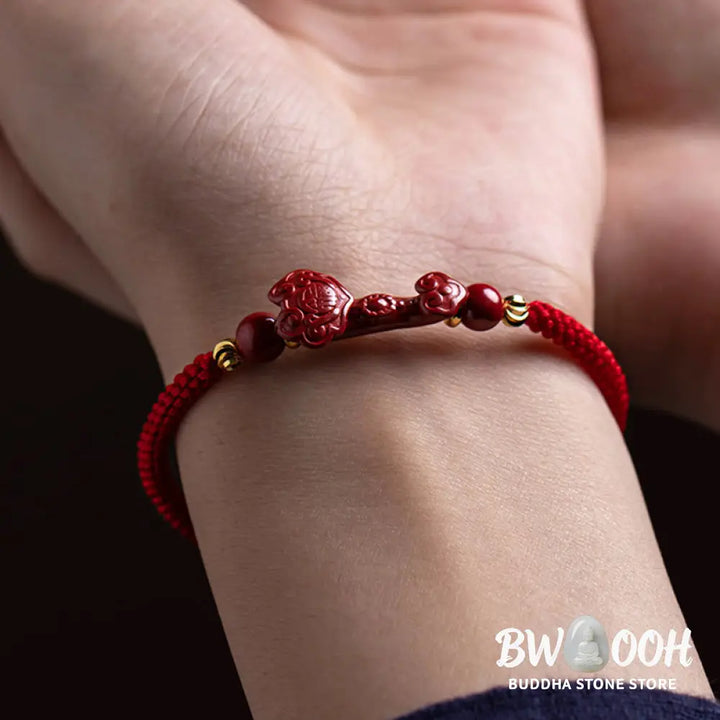 Buddha Stones Handmade Cinnabar Ruyi Handle Fu Character PiXiu Blessing Red String Braided Bracelet - BWOOOH - Bracelet