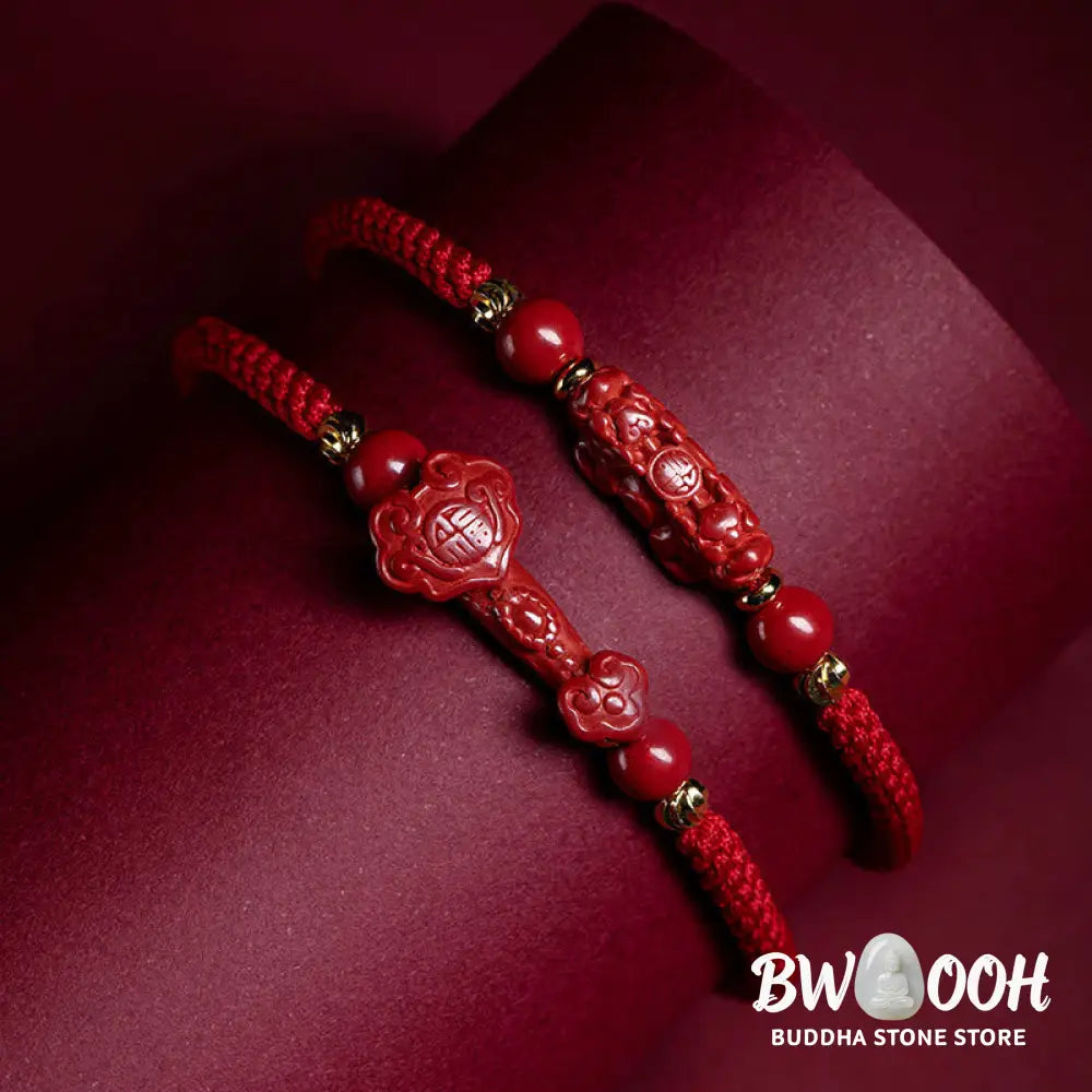 Buddha Stones Handmade Cinnabar Ruyi Handle Fu Character PiXiu Blessing Red String Braided Bracelet - BWOOOH - Bracelet