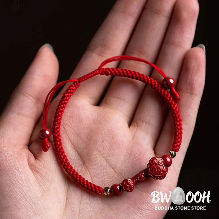Buddha Stones Handmade Cinnabar Ruyi Handle Fu Character PiXiu Blessing Red String Braided Bracelet - BWOOOH - Bracelet