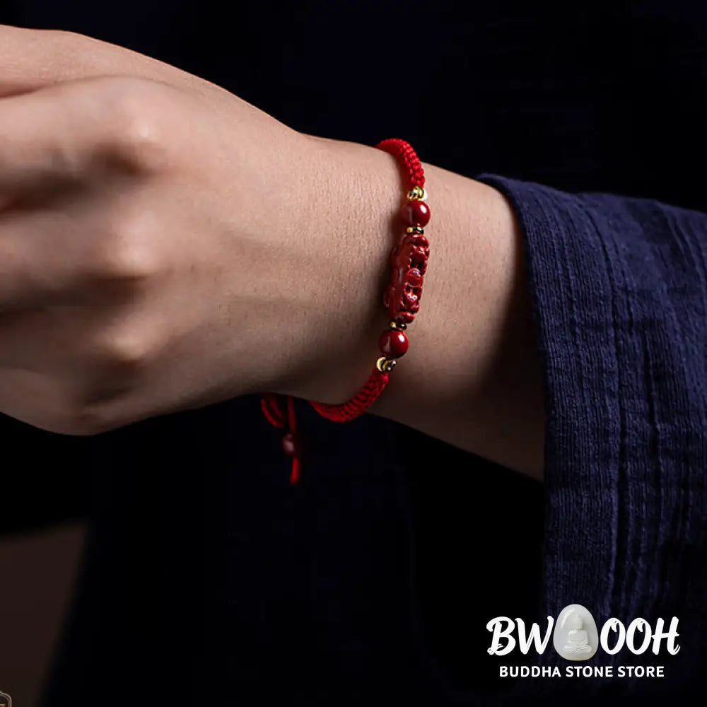 Buddha Stones Handmade Cinnabar Ruyi Handle Fu Character PiXiu Blessing Red String Braided Bracelet - BWOOOH - Bracelet