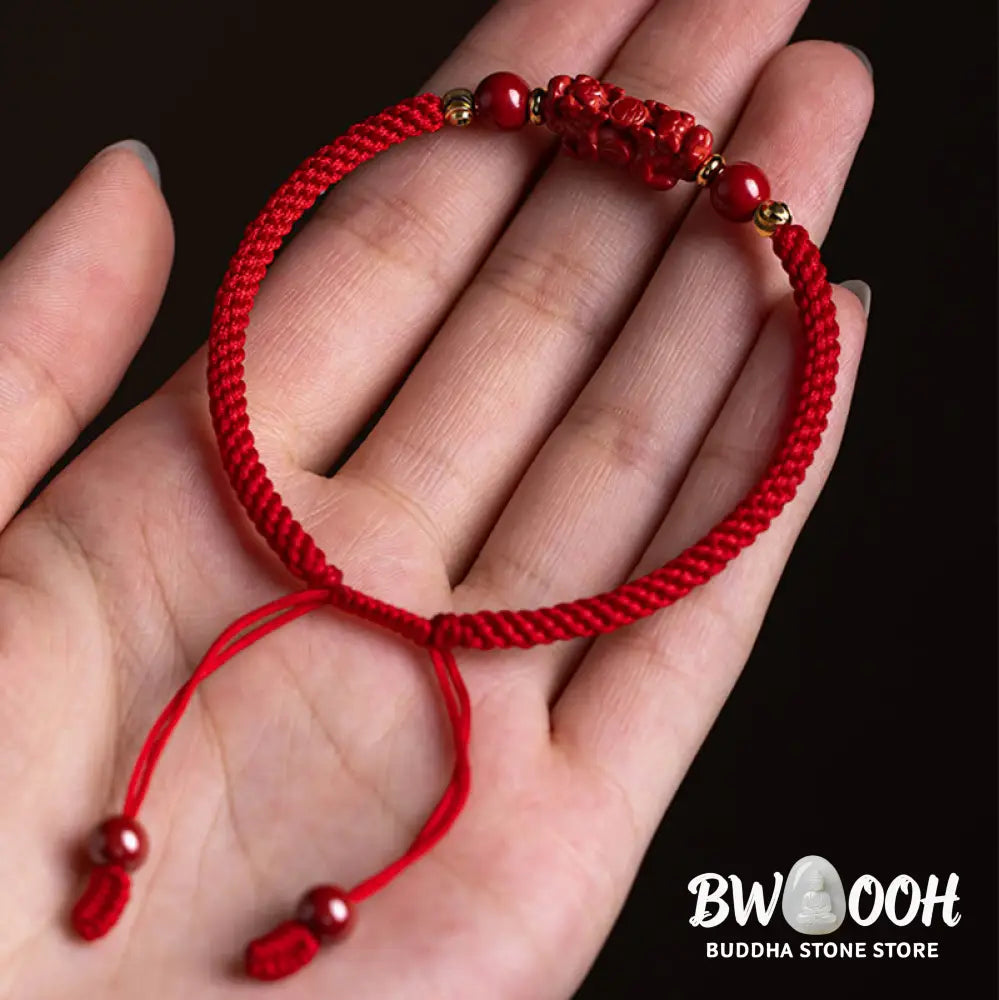 Buddha Stones Handmade Cinnabar Ruyi Handle Fu Character PiXiu Blessing Red String Braided Bracelet - BWOOOH - Bracelet