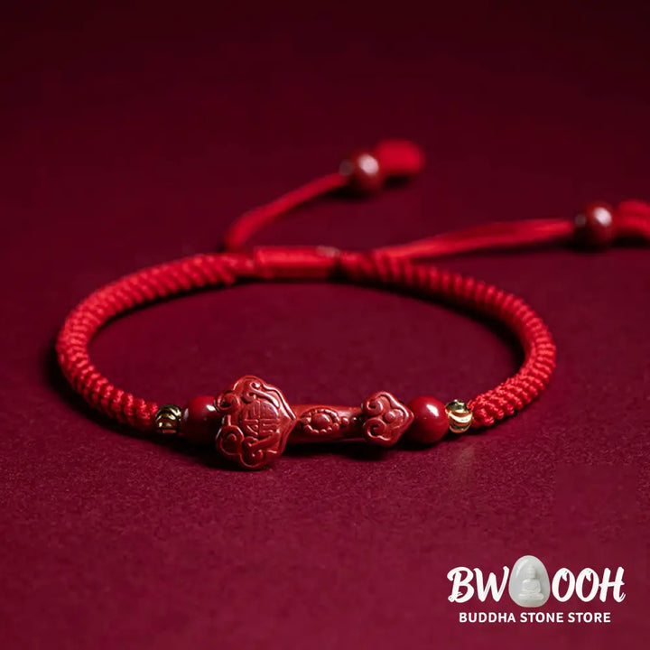 Buddha Stones Handmade Cinnabar Ruyi Handle Fu Character PiXiu Blessing Red String Braided Bracelet - BWOOOH - Bracelet