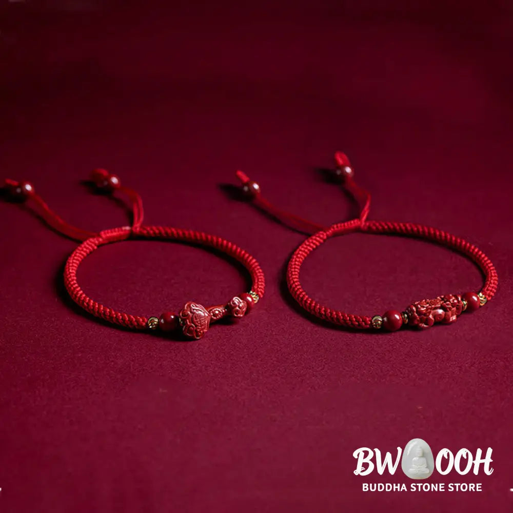 Buddha Stones Handmade Cinnabar Ruyi Handle Fu Character PiXiu Blessing Red String Braided Bracelet - BWOOOH - Bracelet