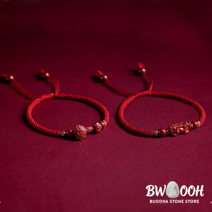 Buddha Stones Handmade Cinnabar Ruyi Handle Fu Character PiXiu Blessing Red String Braided Bracelet - BWOOOH - Bracelet