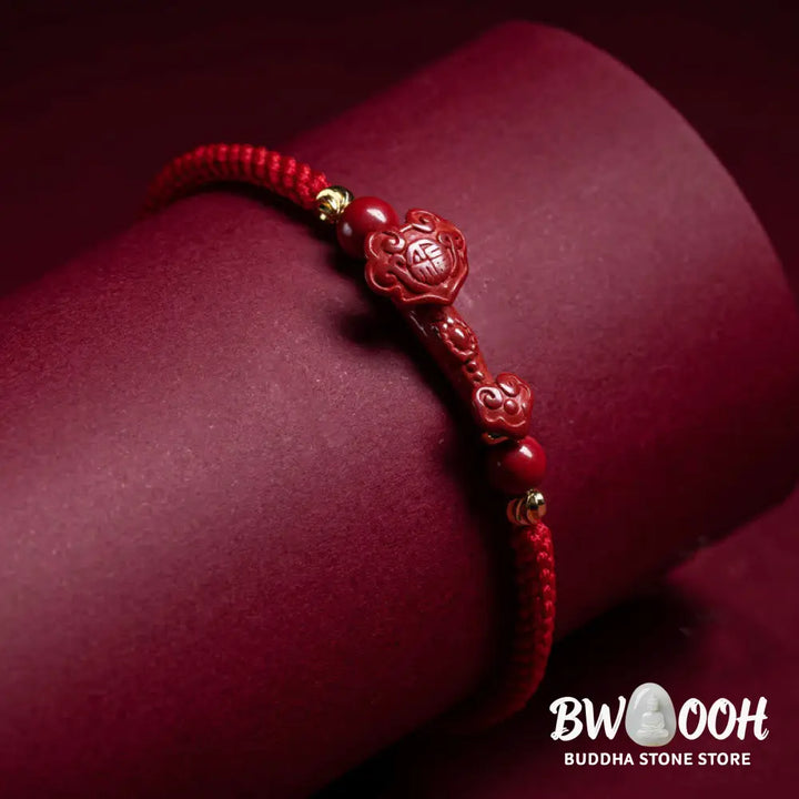 Buddha Stones Handmade Cinnabar Ruyi Handle Fu Character PiXiu Blessing Red String Braided Bracelet - BWOOOH - Bracelet