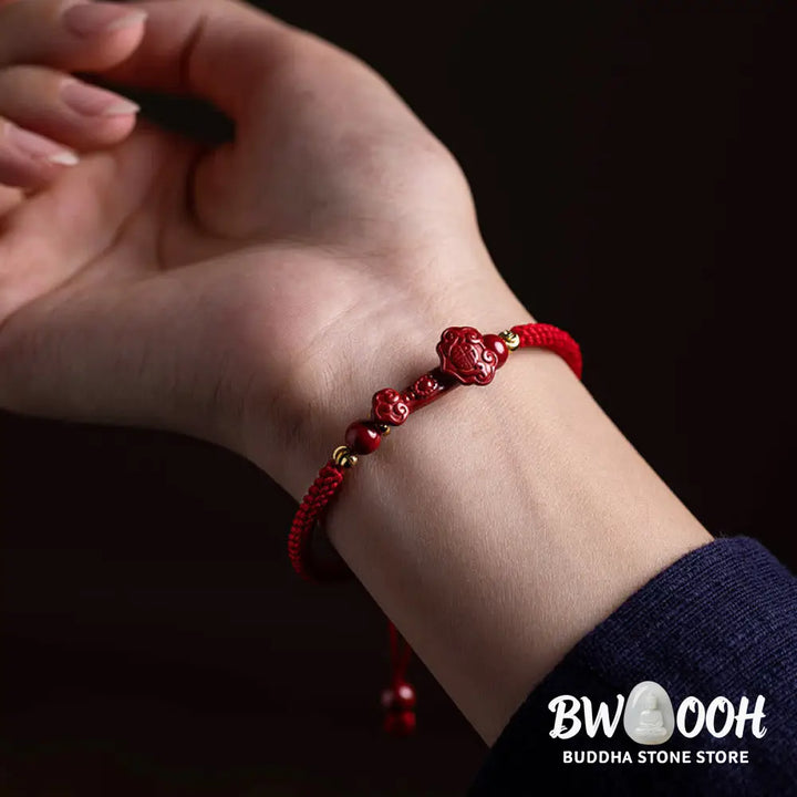 Buddha Stones Handmade Cinnabar Ruyi Handle Fu Character PiXiu Blessing Red String Braided Bracelet - BWOOOH - Bracelet