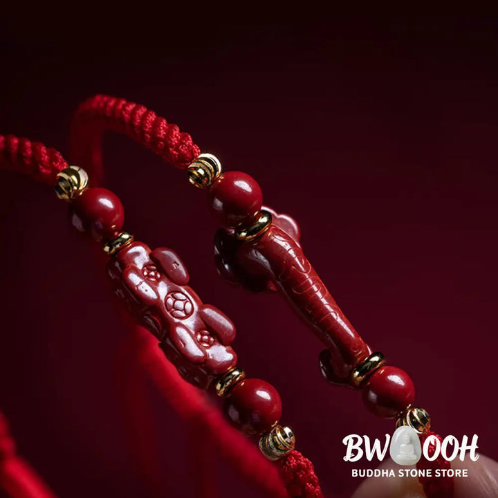Buddha Stones Handmade Cinnabar Ruyi Handle Fu Character PiXiu Blessing Red String Braided Bracelet - BWOOOH - Bracelet