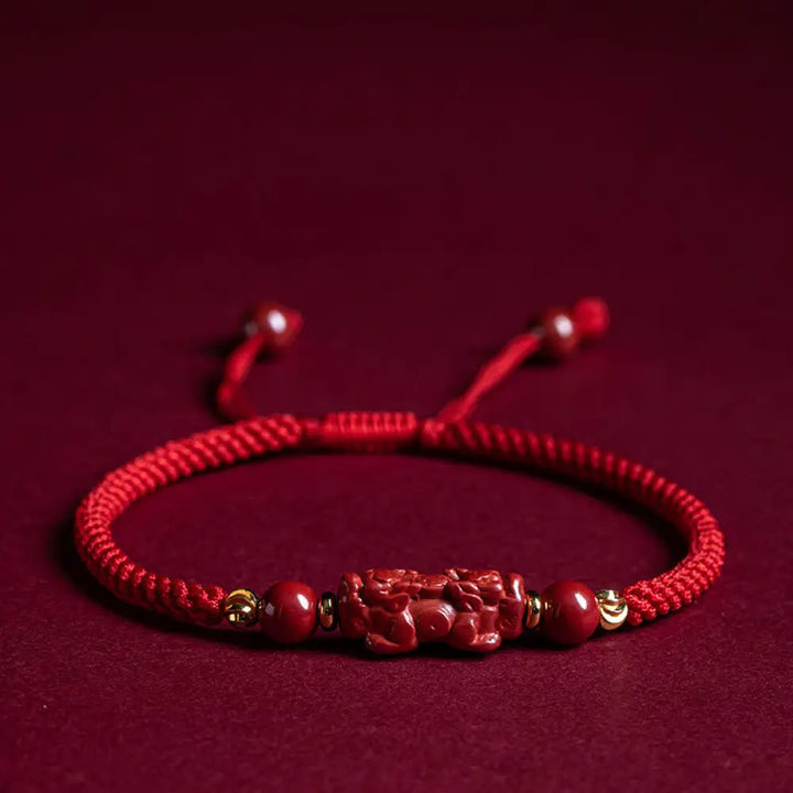 Buddha Stones Handmade Cinnabar Ruyi Handle Fu Character PiXiu Blessing Red String Braided Bracelet - BWOOOH - Cinnabar
