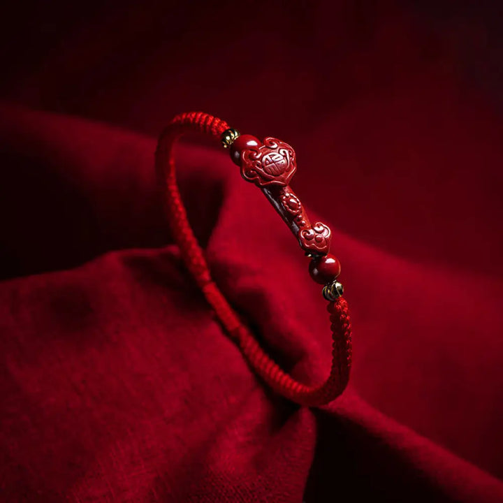 BWOOOH Handmade Cinnabar Ruyi Handle Fu Character PiXiu Blessing Red String Braided Bracelet - BWOOOH - Cinnabar