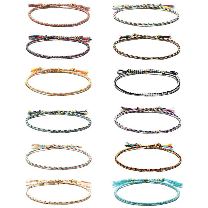 Buddha Stones Handmade Colorful Rope Braided Tassel Adjustable Harmony Bracelet - 12pcs Set(Wrist Circumference