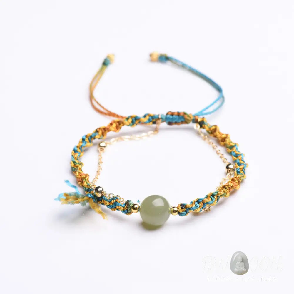 Buddha Stones Handmade Colorful Rope Luck Jade Bead Abundance Double Layer Bracelet - BWOOOH - 14-16cm - Bracelet