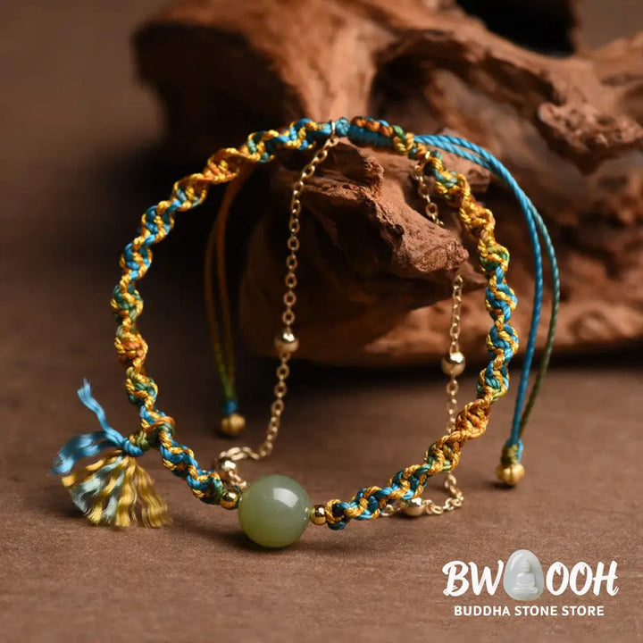 Buddha Stones Handmade Colorful Rope Luck Jade Bead Abundance Double Layer Bracelet - BWOOOH - 14-16cm - Bracelet