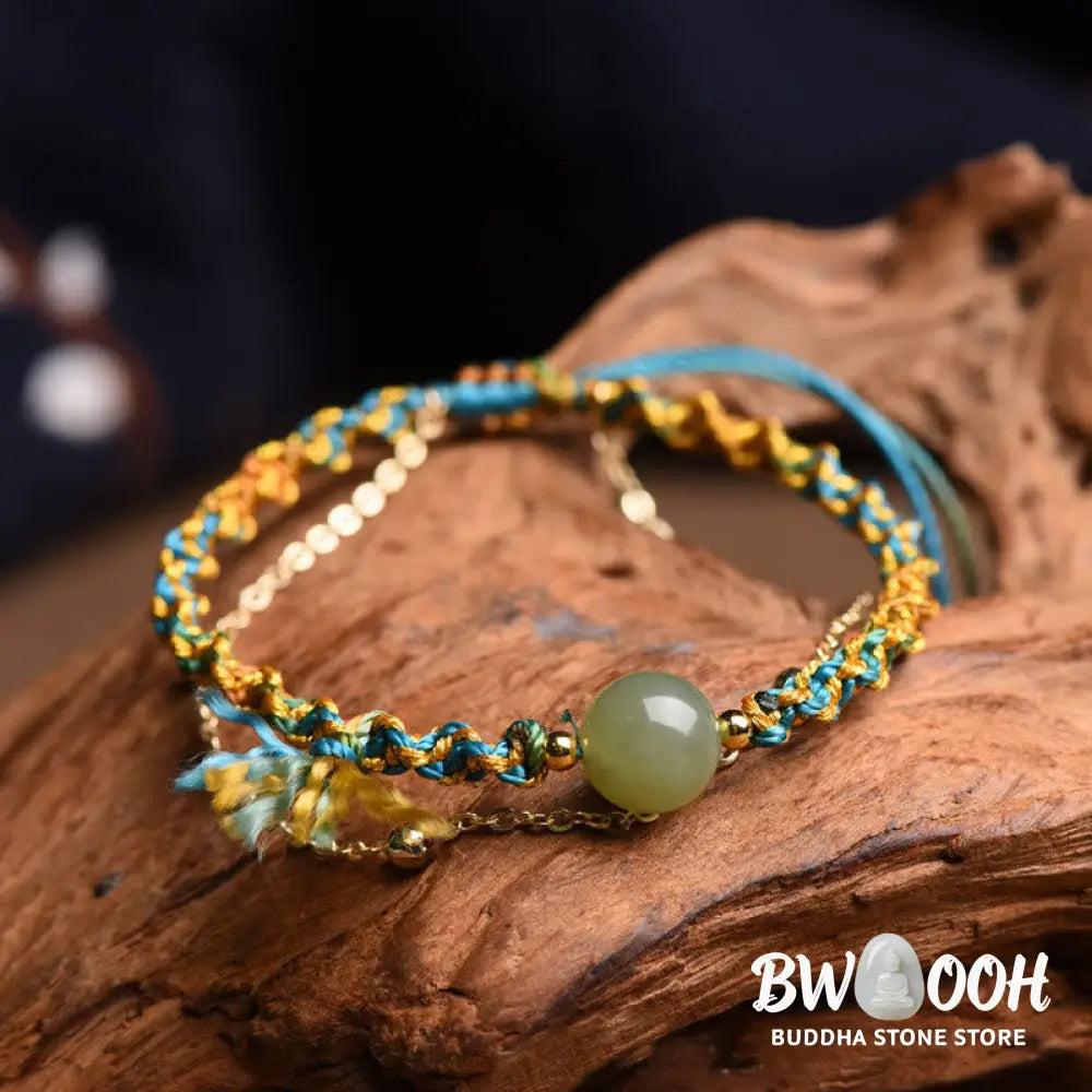 Buddha Stones Handmade Colorful Rope Luck Jade Bead Abundance Double Layer Bracelet - BWOOOH - 14-16cm - Bracelet