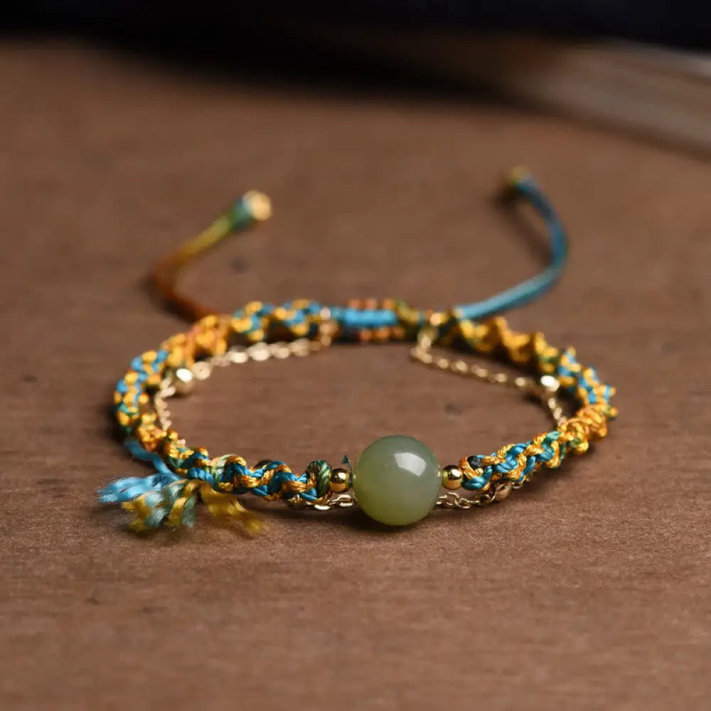 BWOOOH Handmade Colorful Rope Luck Jade Bead Abundance Double Layer Bracelet - BWOOOH - 14-16cm - Bracelet