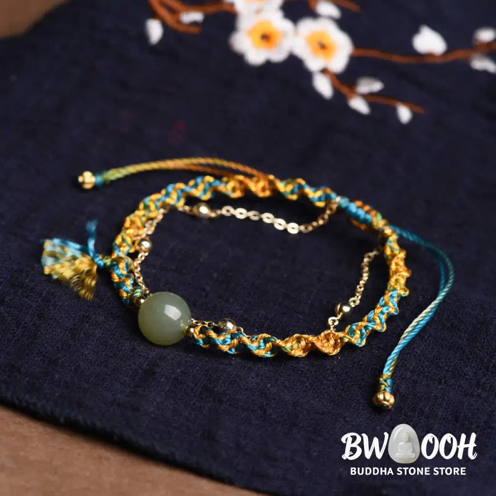 Buddha Stones Handmade Colorful Rope Luck Jade Bead Abundance Double Layer Bracelet - BWOOOH - 14-16cm - Bracelet
