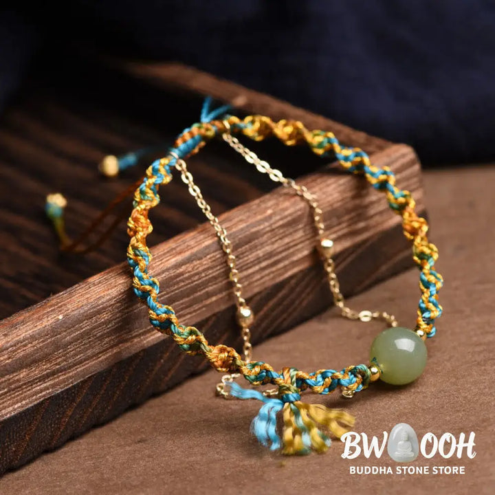 Buddha Stones Handmade Colorful Rope Luck Jade Bead Abundance Double Layer Bracelet - BWOOOH - 14-16cm - Bracelet