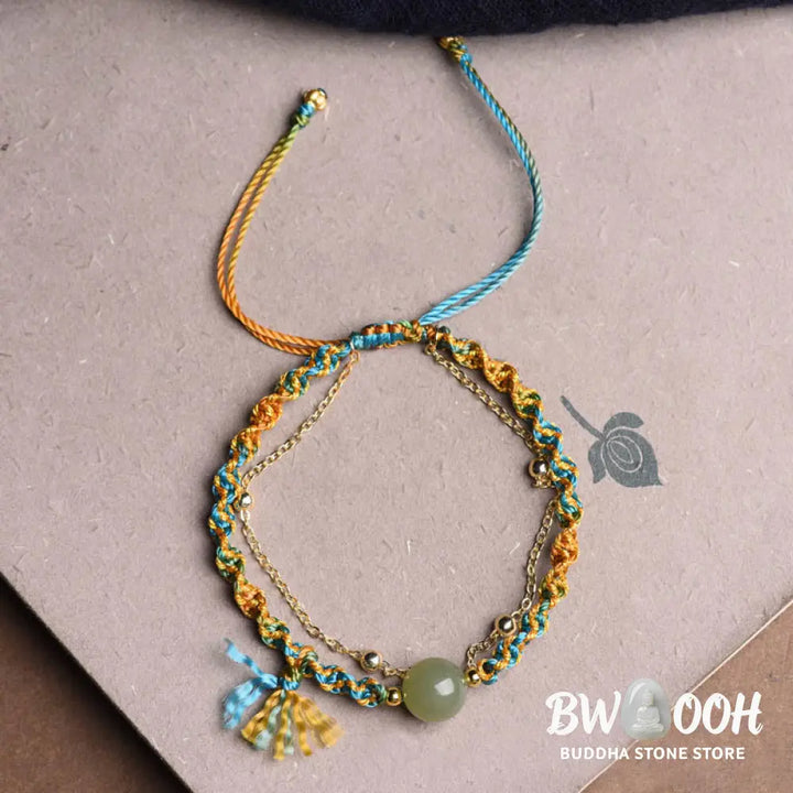 Buddha Stones Handmade Colorful Rope Luck Jade Bead Abundance Double Layer Bracelet - BWOOOH - 14-16cm - Bracelet