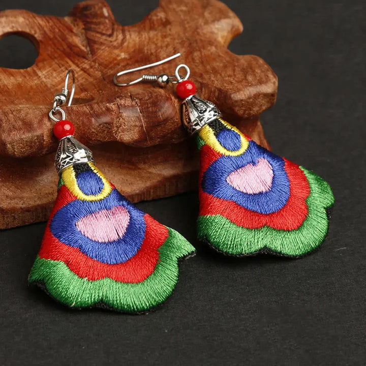 Buddha Stones Handmade Colorful Yi Embroidery Harmony Earrings - Outermost Color-Green(Alloy Posts) - Earrings
