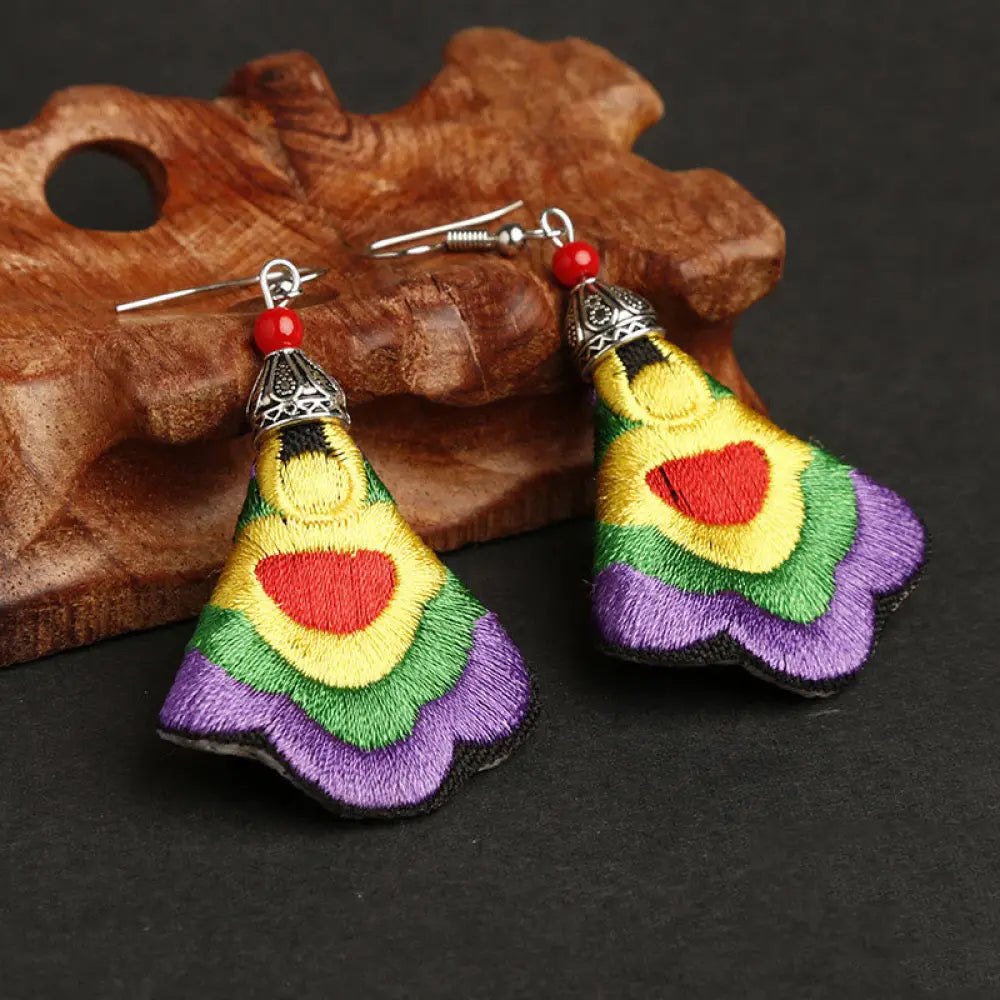 Buddha Stones Handmade Colorful Yi Embroidery Harmony Earrings - Outermost Color-Purple(Alloy Posts) - Earrings