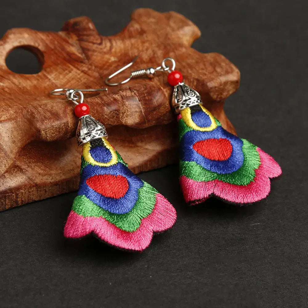 Buddha Stones Handmade Colorful Yi Embroidery Harmony Earrings - Outermost Color-Rose Red(Alloy Posts) - Earrings