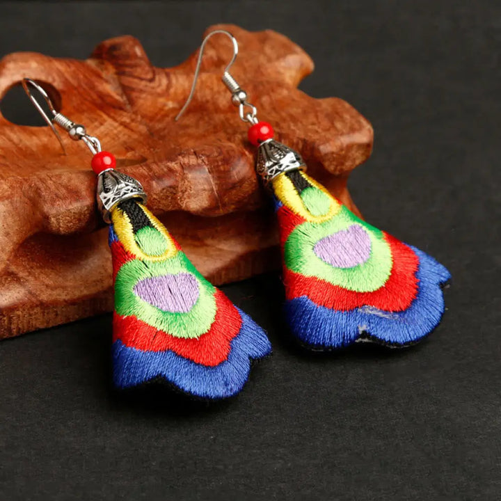 Buddha Stones Handmade Colorful Yi Embroidery Harmony Earrings - Outermost Color-Royal Blue(Alloy Posts) - Earrings