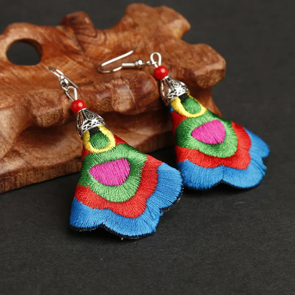 Buddha Stones Handmade Colorful Yi Embroidery Harmony Earrings - Outermost Color-Sky Blue(Alloy Posts) - Earrings