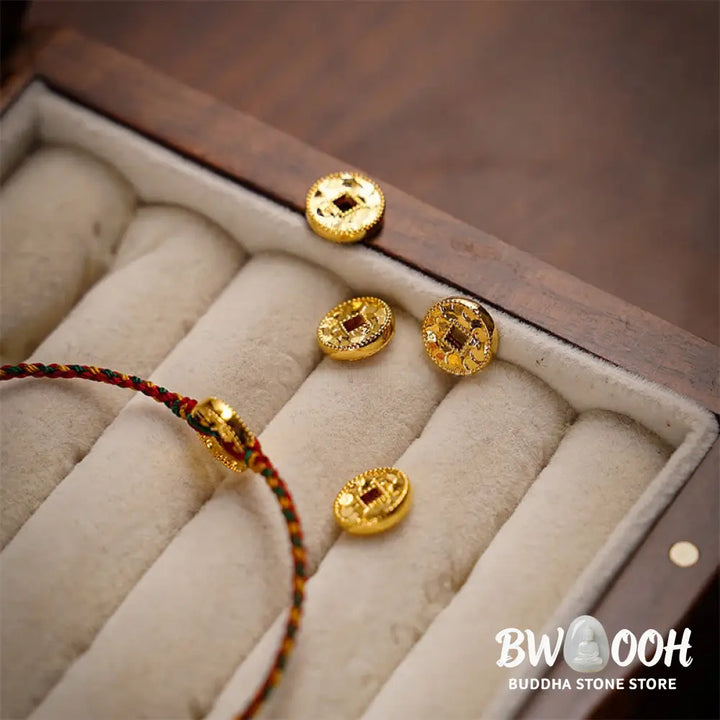 Buddha Stones Handmade Copper Coins Charm Connection Braided String Adjustable Bracelet Anklet - Bracelet Anklet