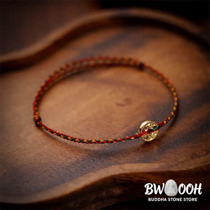 Buddha Stones Handmade Copper Coins Charm Connection Braided String Adjustable Bracelet Anklet - Bracelet Anklet