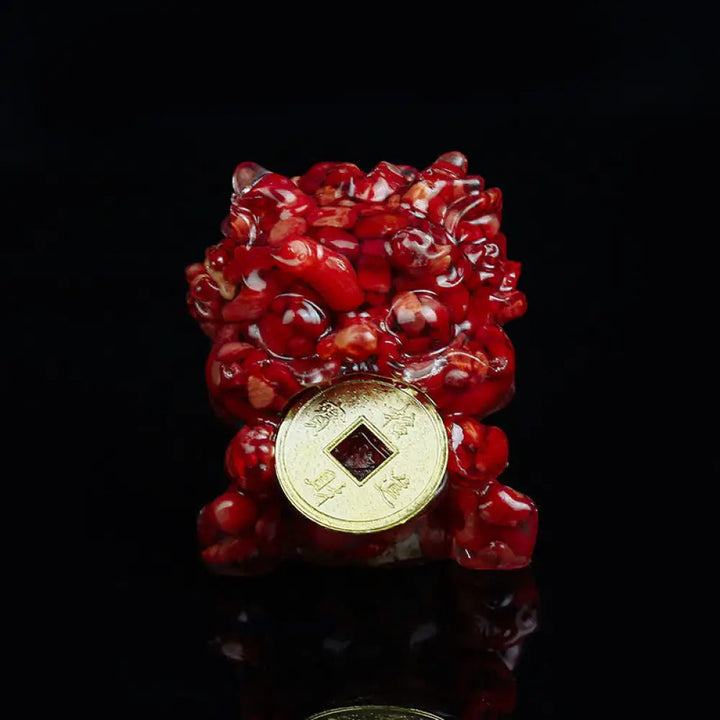 Buddha Stones Handmade Cute PiXiu Gold Coin Crystal Fengshui Energy Wealth Fortune Home Decoration - Red Coral