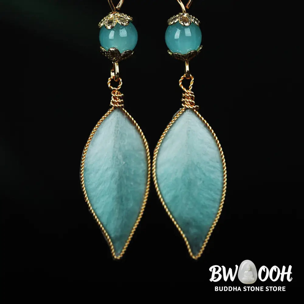 Buddha Stones Handmade Cyan Leaf Copper Plated Silver Hook Protection Drop Earrings - Cyan Leaf(Size: About 6*1cm)