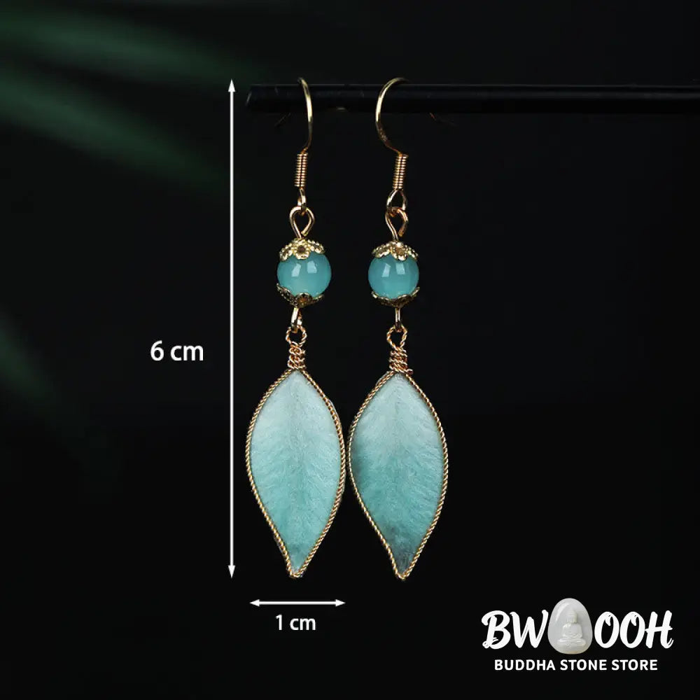 Buddha Stones Handmade Cyan Leaf Copper Plated Silver Hook Protection Drop Earrings - Cyan Leaf(Size: About 6*1cm)