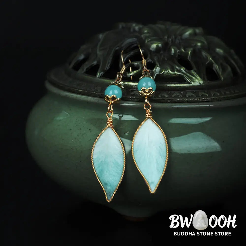 Buddha Stones Handmade Cyan Leaf Copper Plated Silver Hook Protection Drop Earrings - Cyan Leaf(Size: About 6*1cm)