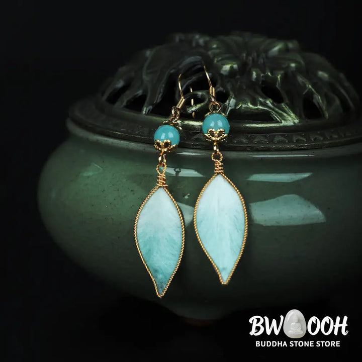 Buddha Stones Handmade Cyan Leaf Copper Plated Silver Hook Protection Drop Earrings - Cyan Leaf(Size: About 6*1cm)