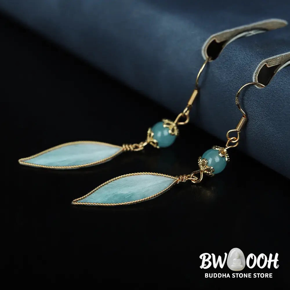 Buddha Stones Handmade Cyan Leaf Copper Plated Silver Hook Protection Drop Earrings - Cyan Leaf(Size: About 6*1cm)