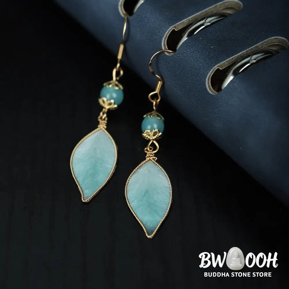 Buddha Stones Handmade Cyan Leaf Copper Plated Silver Hook Protection Drop Earrings - Cyan Leaf(Size: About 6*1cm)