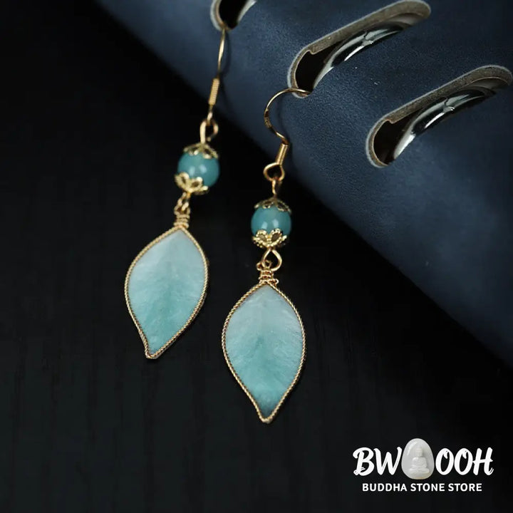 Buddha Stones Handmade Cyan Leaf Copper Plated Silver Hook Protection Drop Earrings - Cyan Leaf(Size: About 6*1cm)