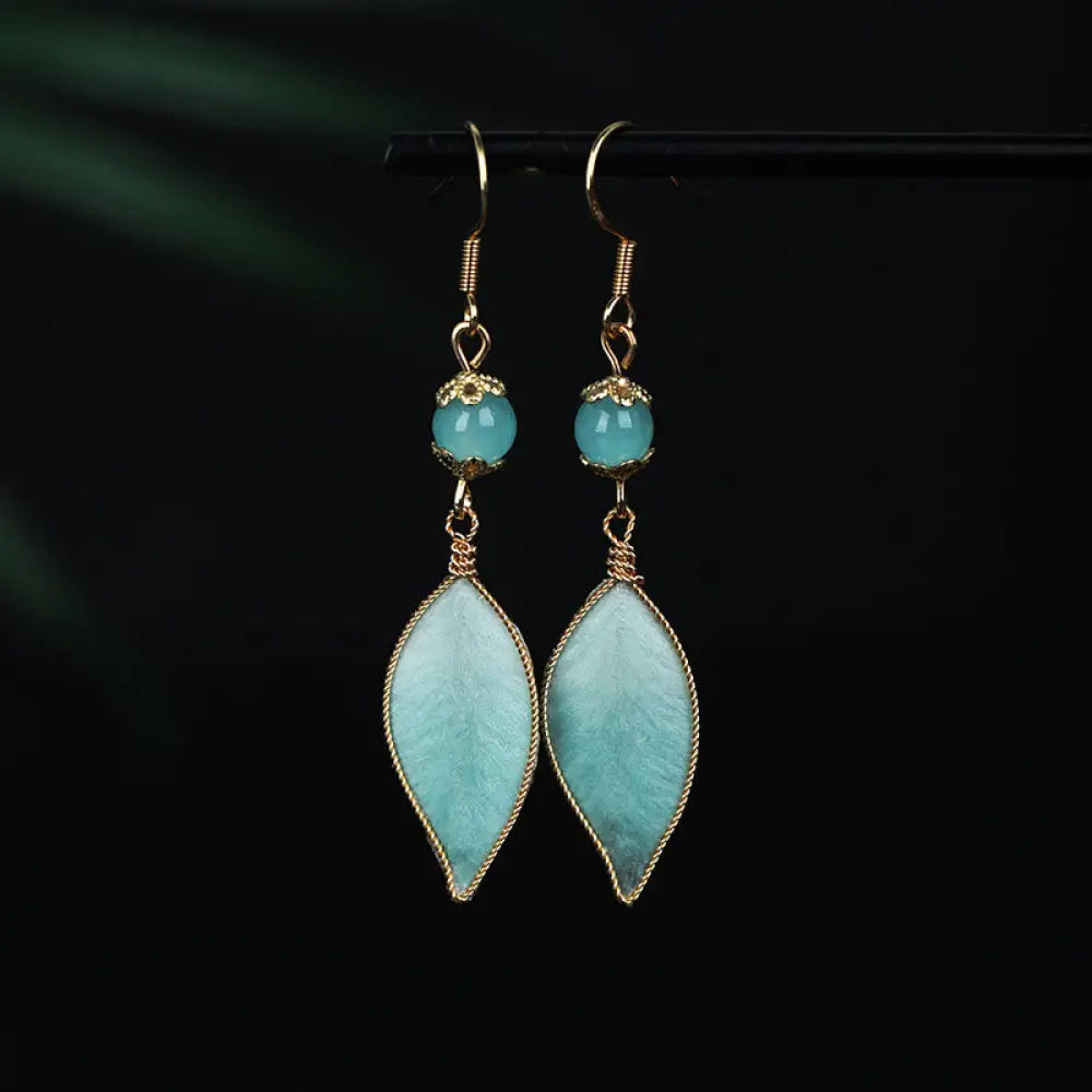 BWOOOH Handmade Cyan Leaf Copper Plated Silver Hook Protection Drop Earrings — Copper spiritual jewelry for spiritual heal...